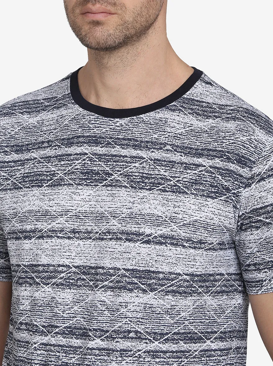 Navy Blue & Grey Printed Slim Fit T-Shirt  | JadeBlue