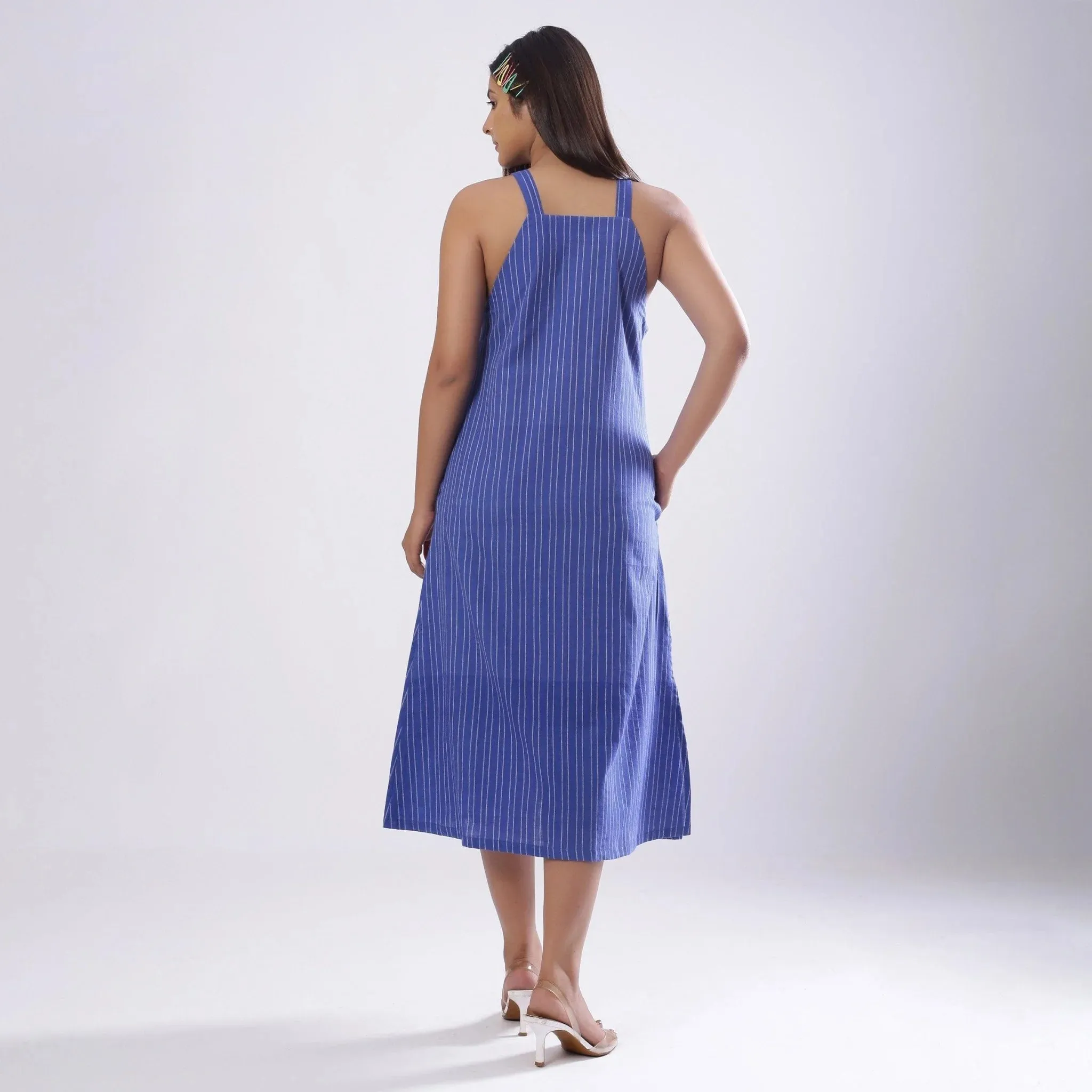 Navy Blue Handspun Cotton Knee Length Slit Dress