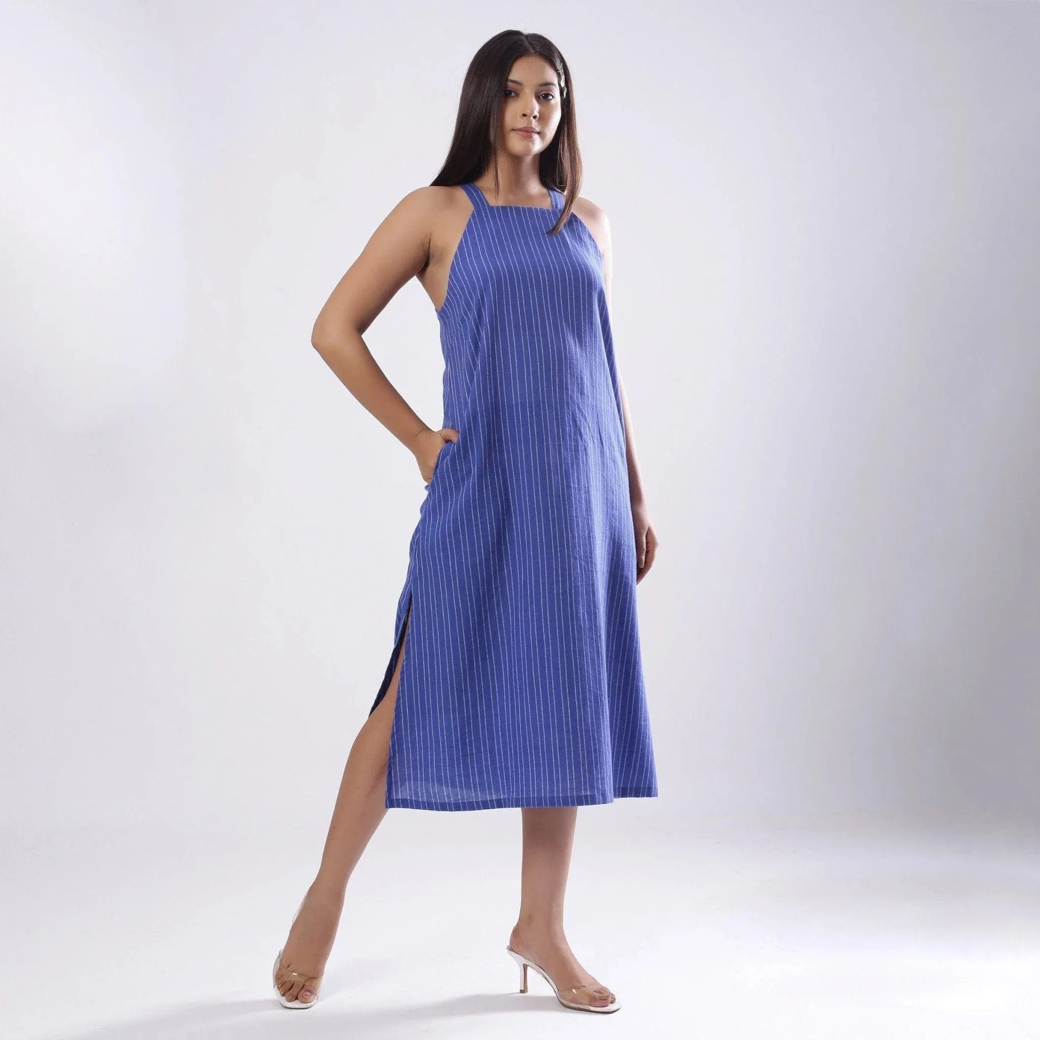 Navy Blue Handspun Cotton Knee Length Slit Dress