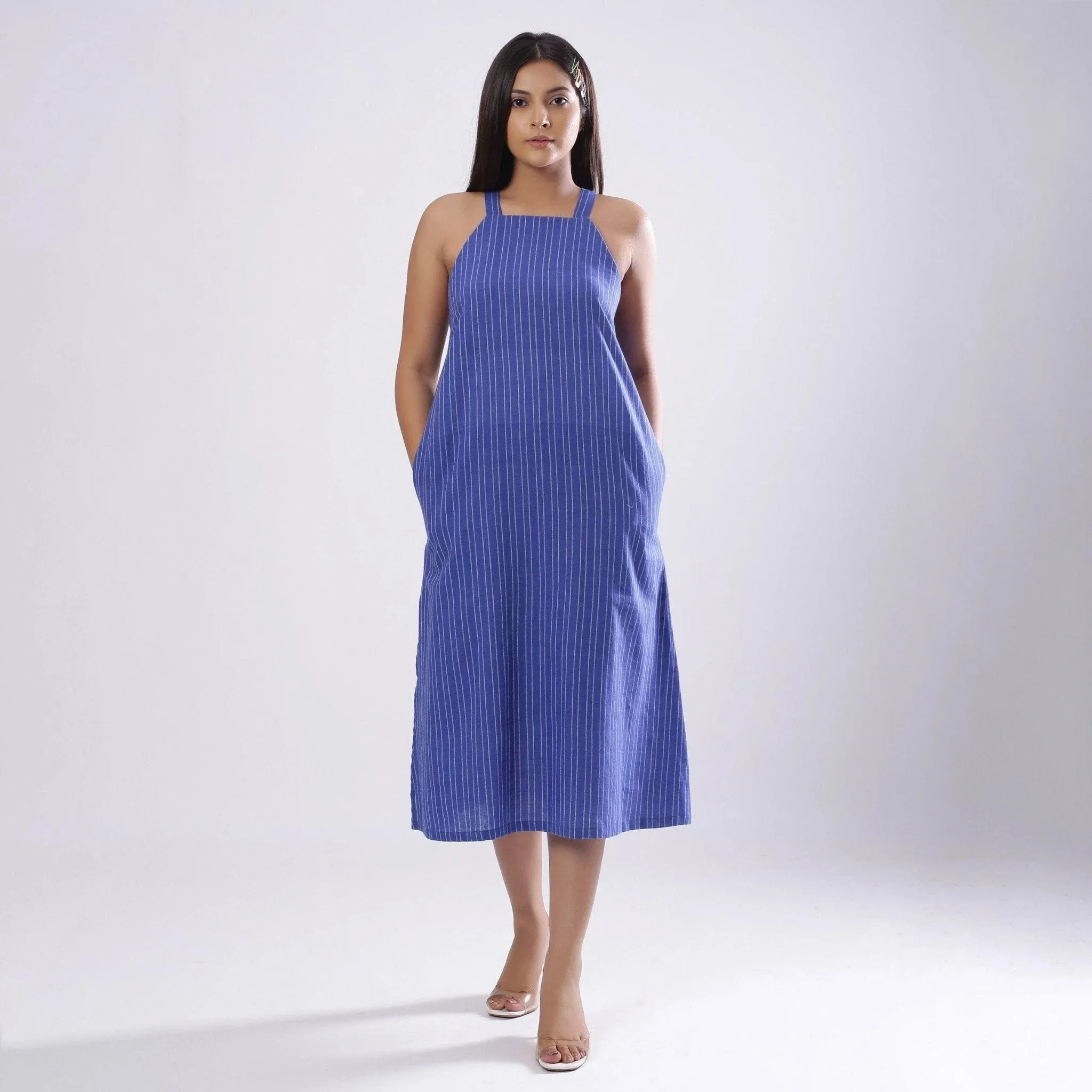 Navy Blue Handspun Cotton Knee Length Slit Dress