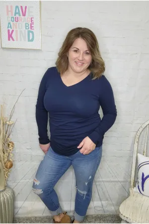 Navy Cotton V-Neck Long Sleeve Tee