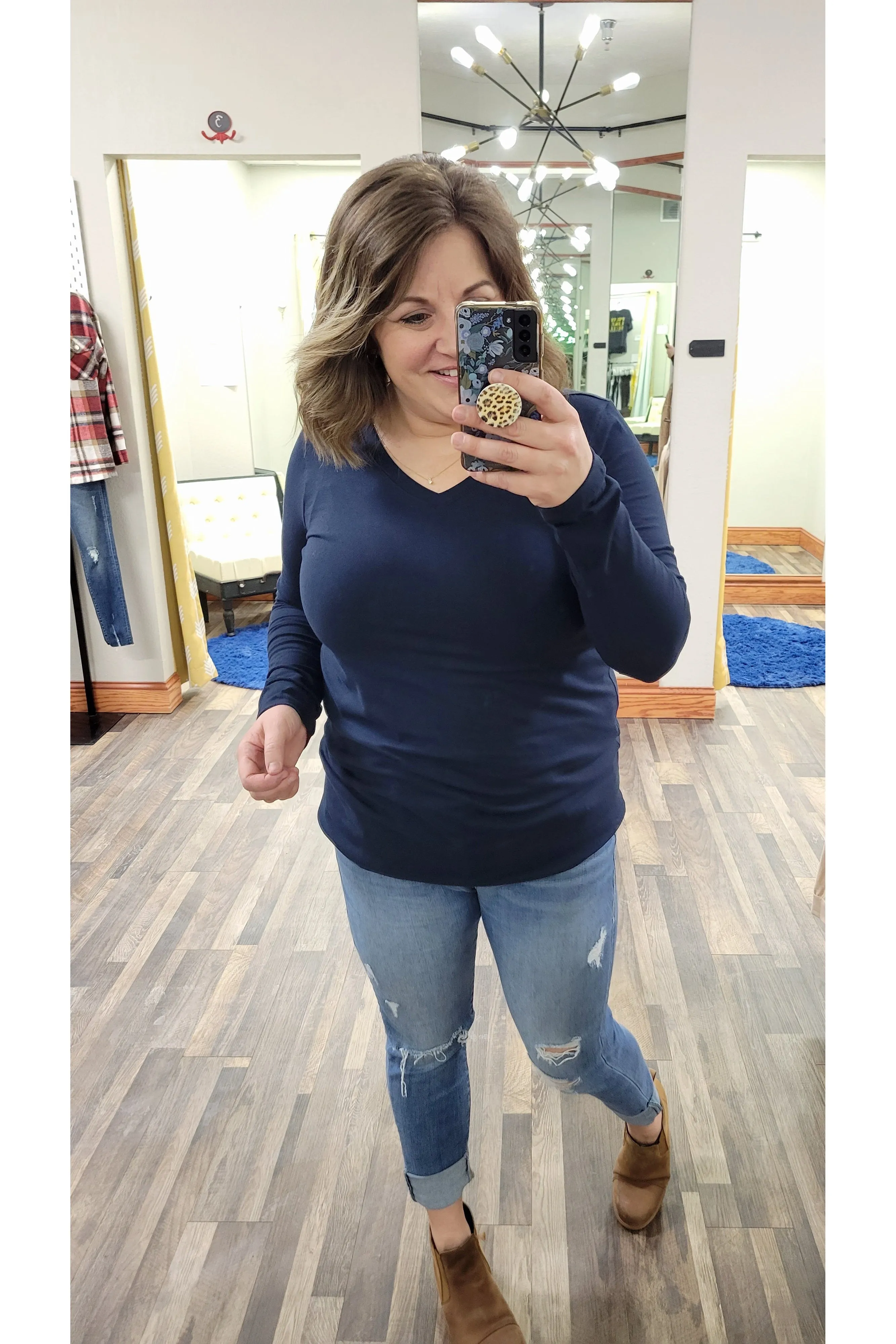 Navy Cotton V-Neck Long Sleeve Tee