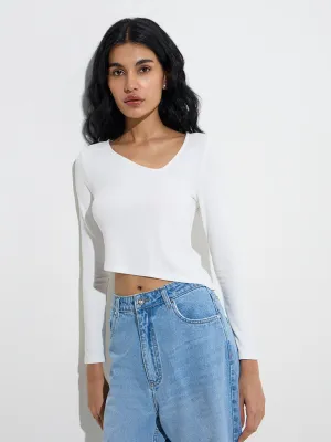 Nuon White Ribbed Asymmetrical Top