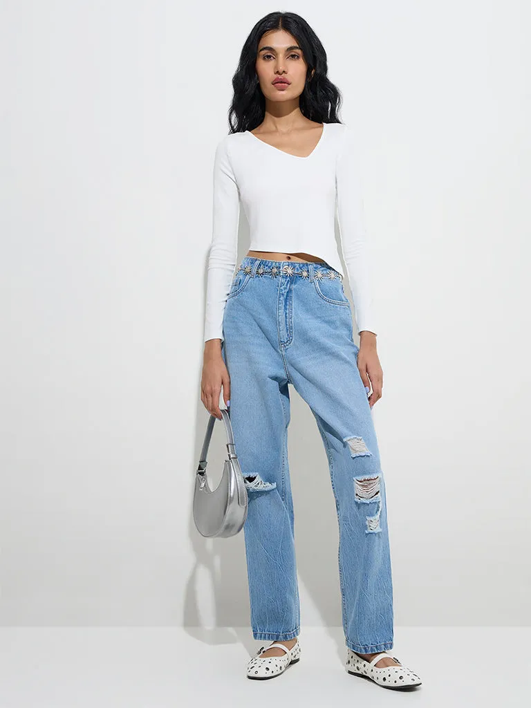 Nuon White Ribbed Asymmetrical Top