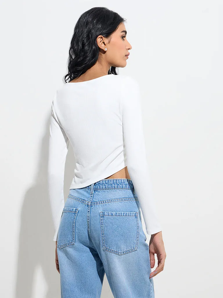 Nuon White Ribbed Asymmetrical Top