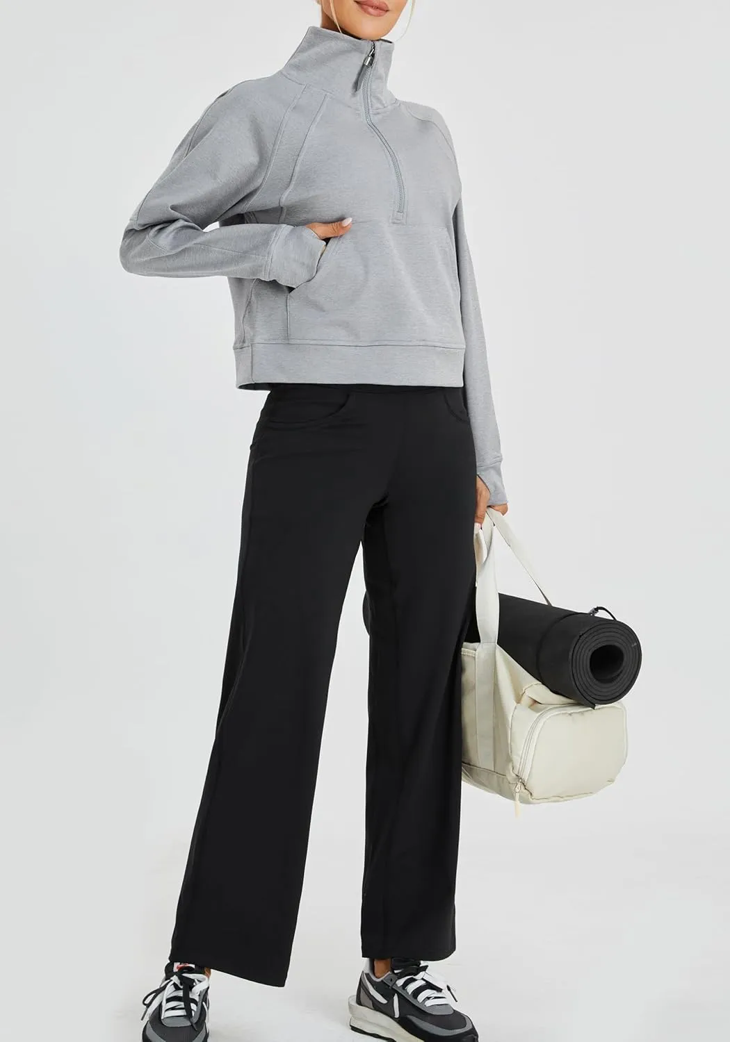 Oalka Sweatshirts Half Zip Long Sleeve Cropped Pullover Lined Full Zip Hoodies Thumb Hole Jackets