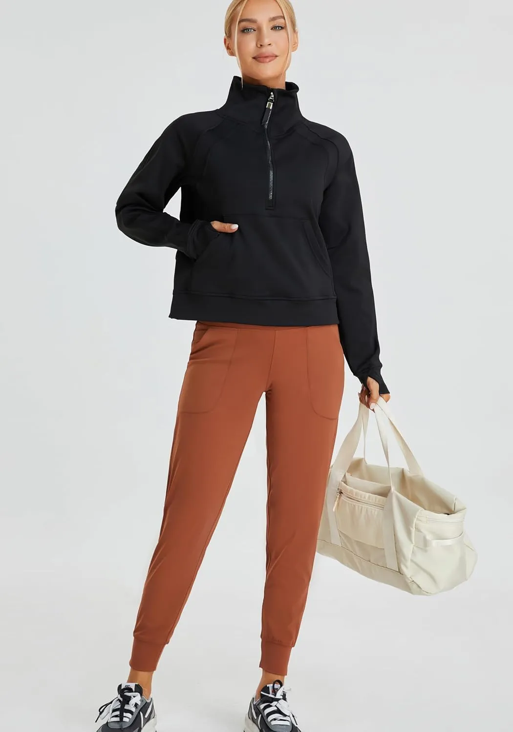 Oalka Sweatshirts Half Zip Long Sleeve Cropped Pullover Lined Full Zip Hoodies Thumb Hole Jackets