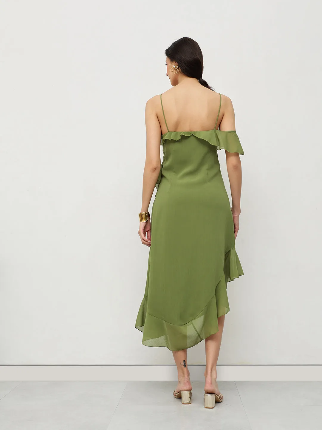 Olive Ruffle Asymmetrical Midi Dress