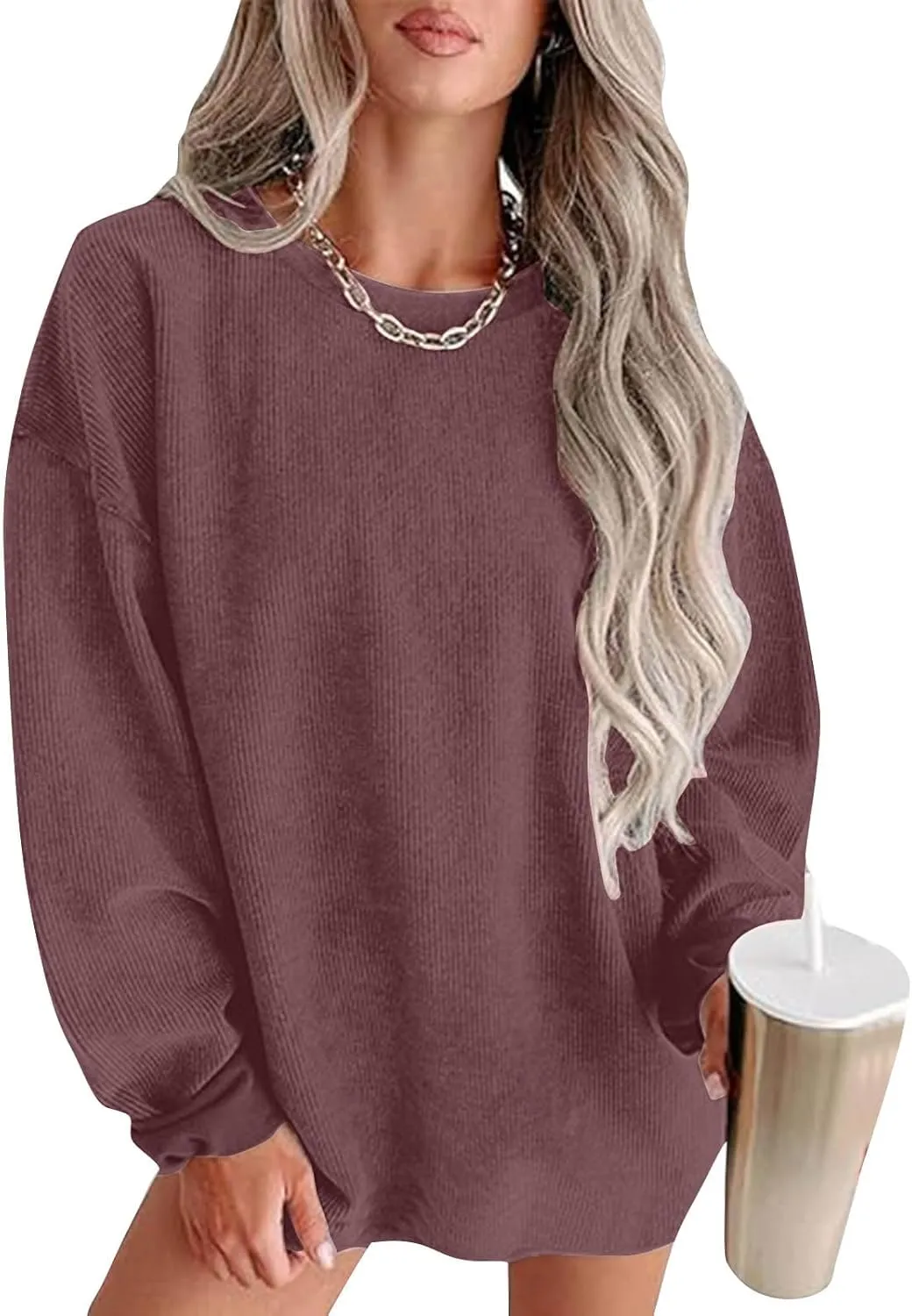 Oversized Crew Neck Sweatshirt Women 2024 Casual Loose Long Sleeve Corduroy Pullover Tops Fall Fashion Outfits Trendy