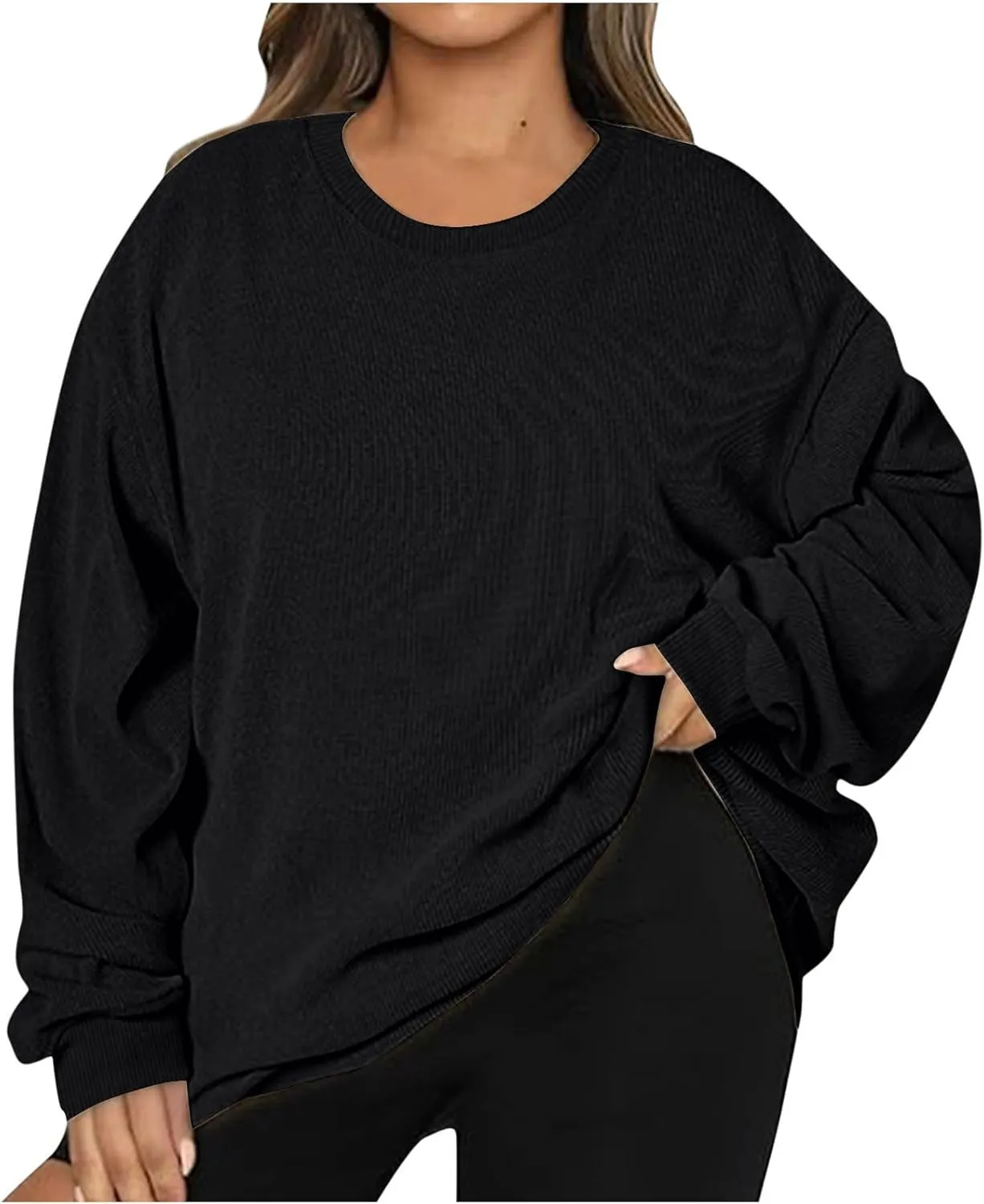 Oversized Crew Neck Sweatshirt Women 2024 Casual Loose Long Sleeve Corduroy Pullover Tops Fall Fashion Outfits Trendy
