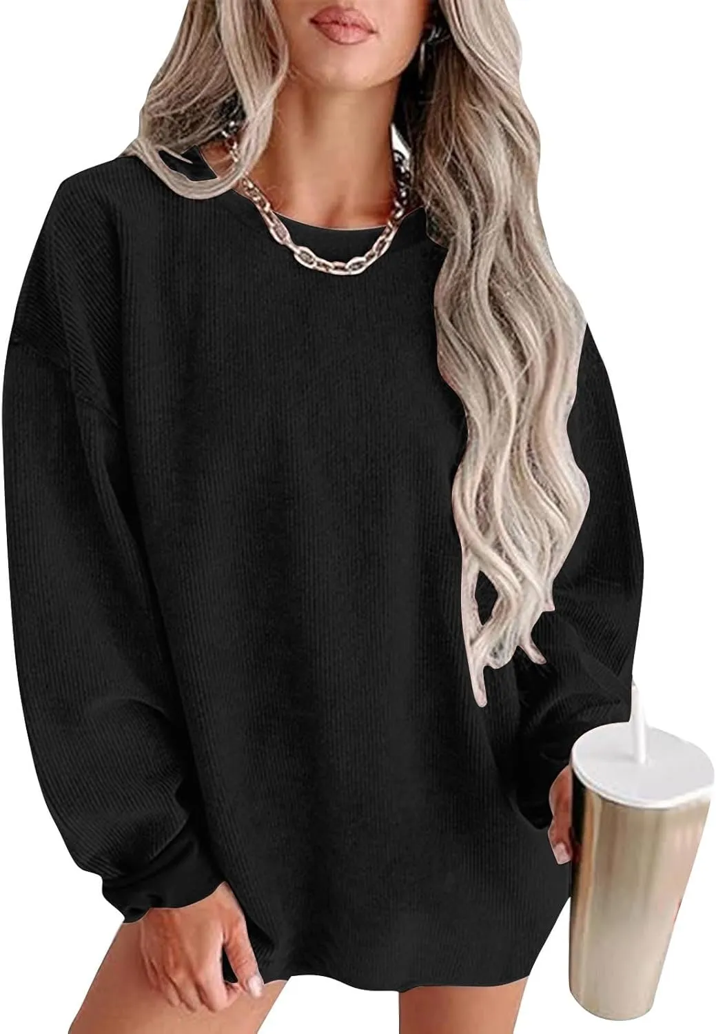 Oversized Crew Neck Sweatshirt Women 2024 Casual Loose Long Sleeve Corduroy Pullover Tops Fall Fashion Outfits Trendy