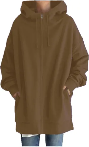 Oversized Hoodies for Women Fall Zip up Hooded Sweatshirts Casual Soild Color Long Fleece Jacket with Pockets