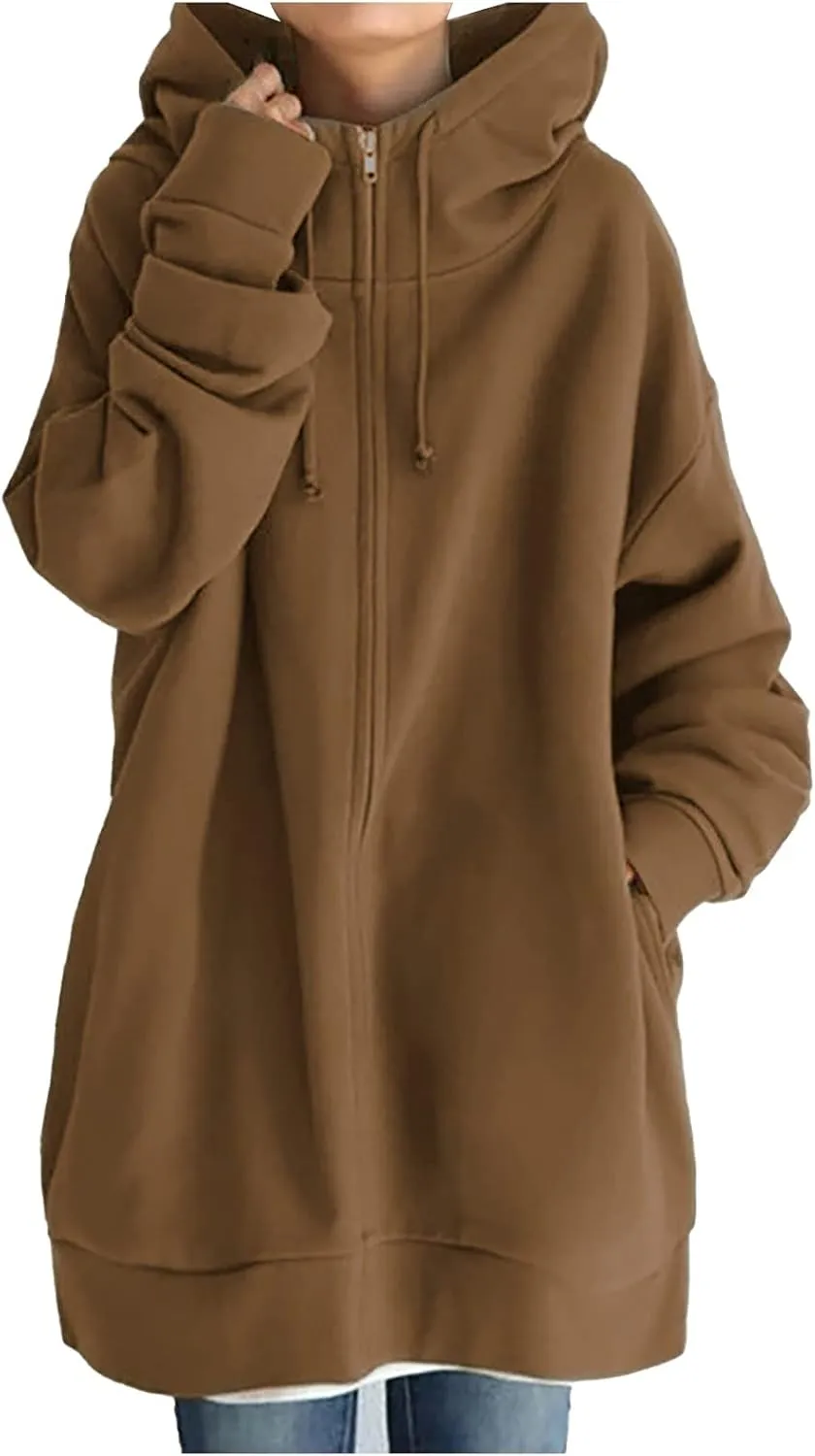 Oversized Hoodies for Women Fall Zip up Hooded Sweatshirts Casual Soild Color Long Fleece Jacket with Pockets