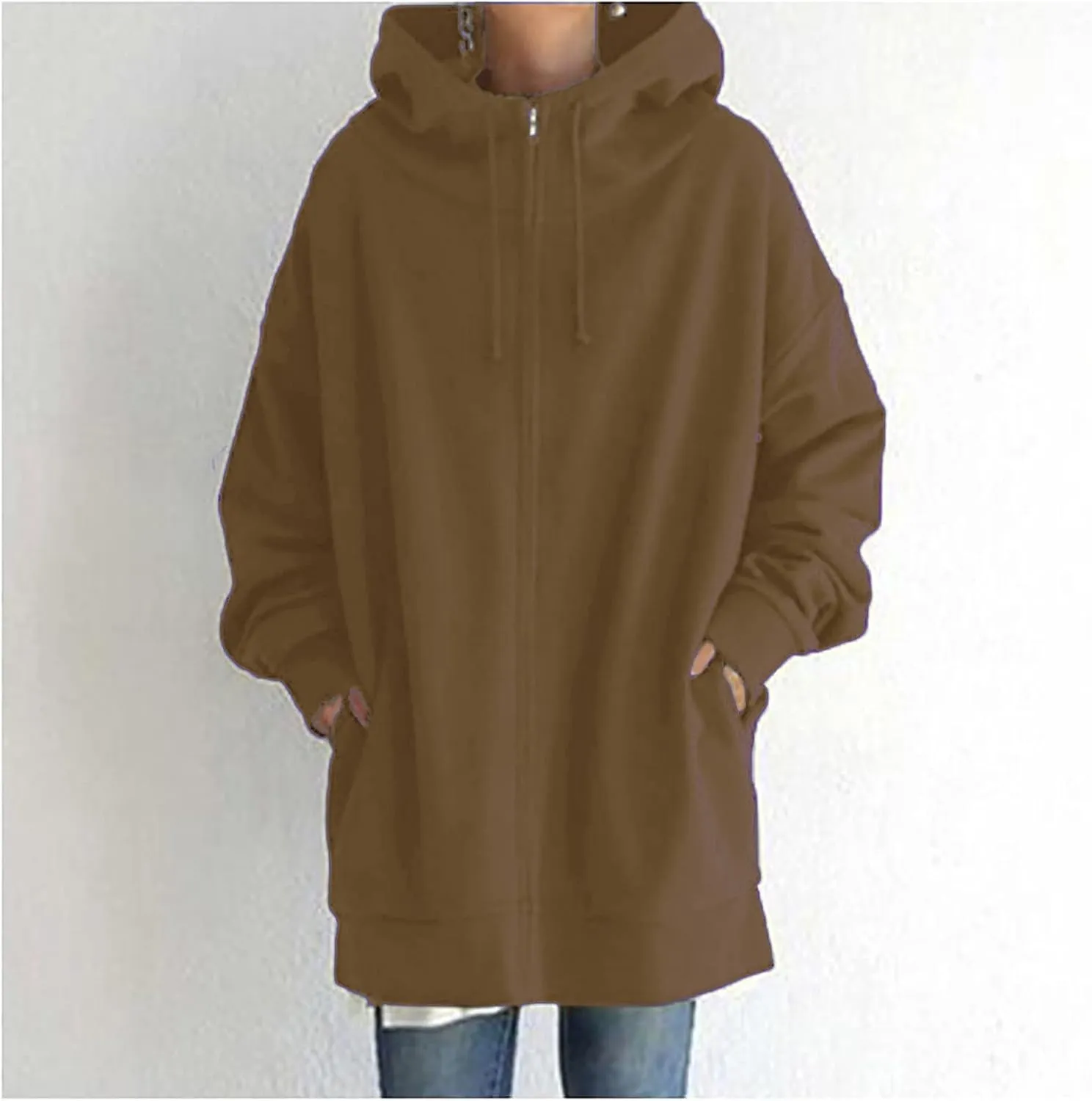 Oversized Hoodies for Women Fall Zip up Hooded Sweatshirts Casual Soild Color Long Fleece Jacket with Pockets