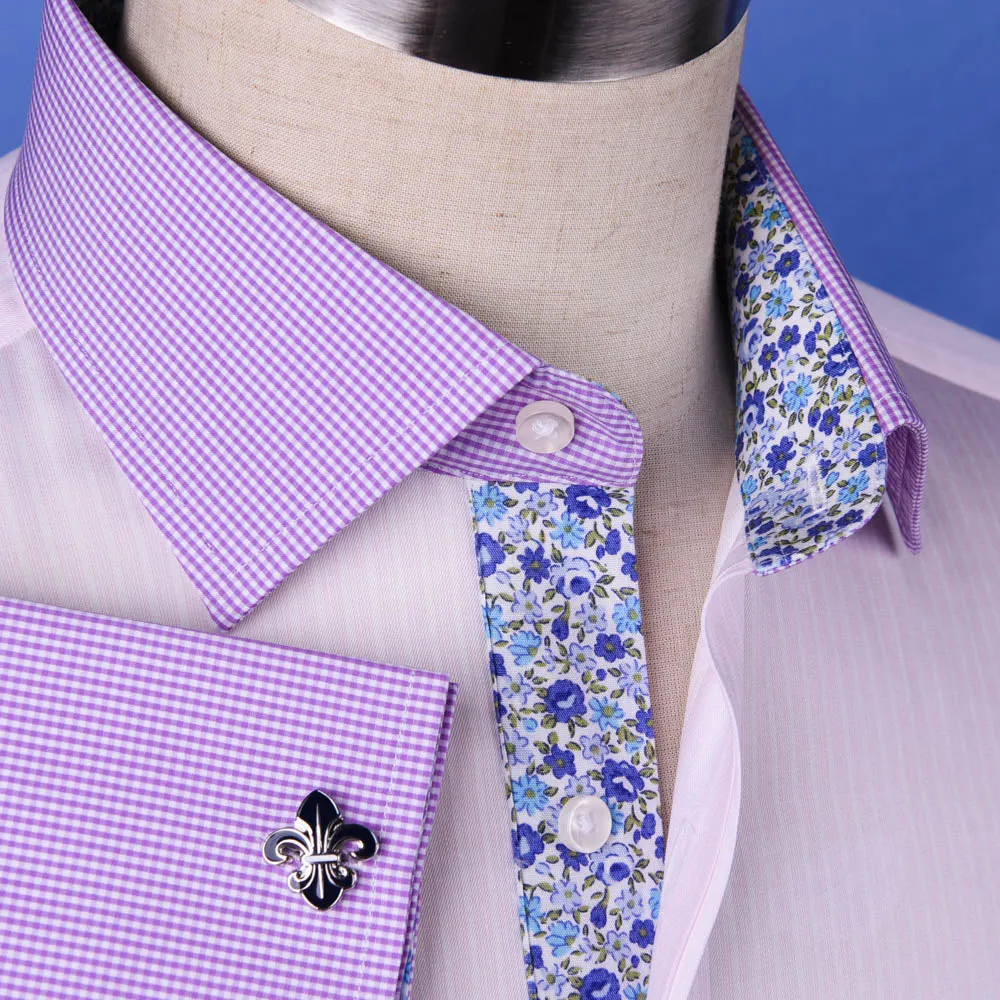 Pastel Multi-Colored Striped Dress Shirt White Poplin Contrast Cuff Business Top in French Cuffs