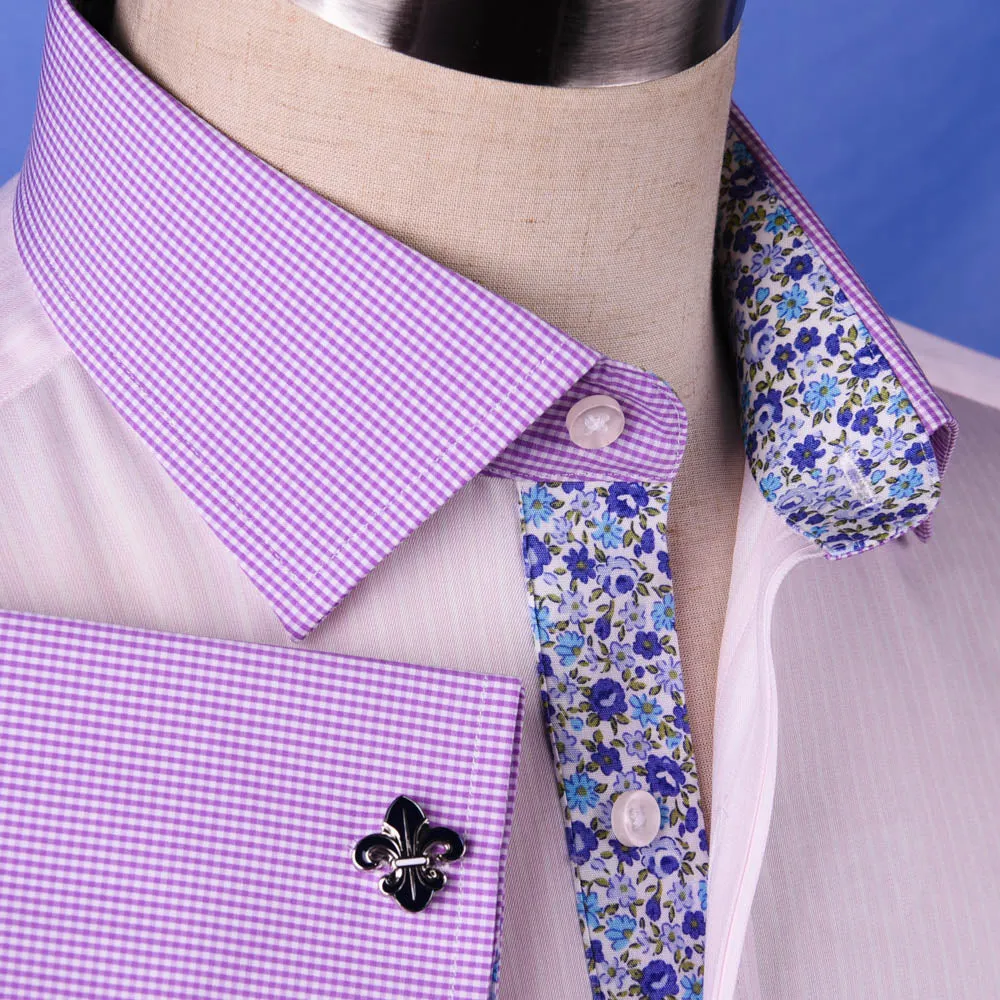 Pastel Multi-Colored Striped Dress Shirt White Poplin Contrast Cuff Business Top in French Cuffs