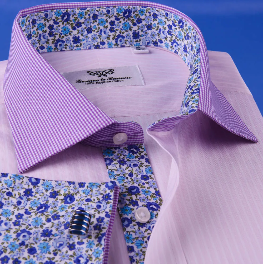 Pastel Multi-Colored Striped Dress Shirt White Poplin Contrast Cuff Business Top in French Cuffs
