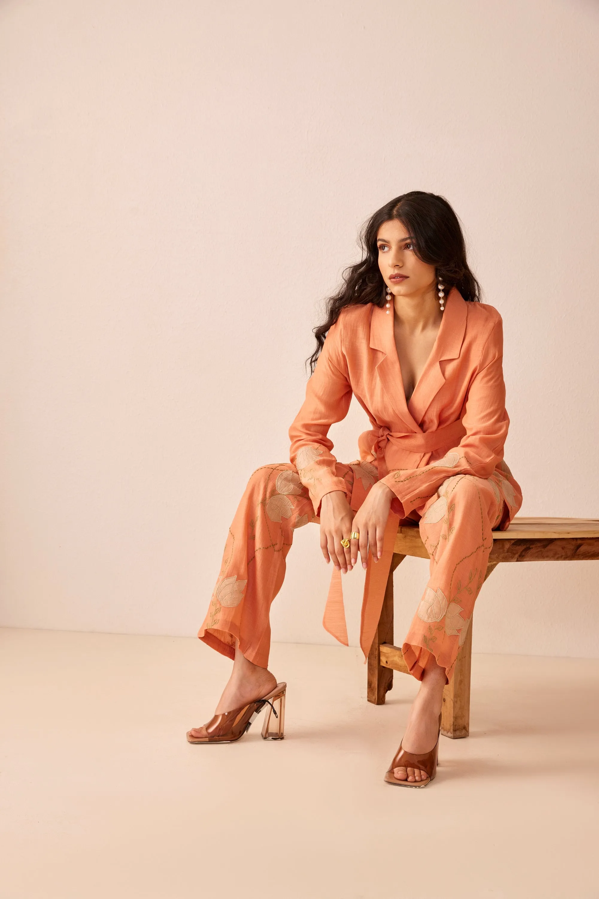 Peach chanderi silk hand embroidered blazer set