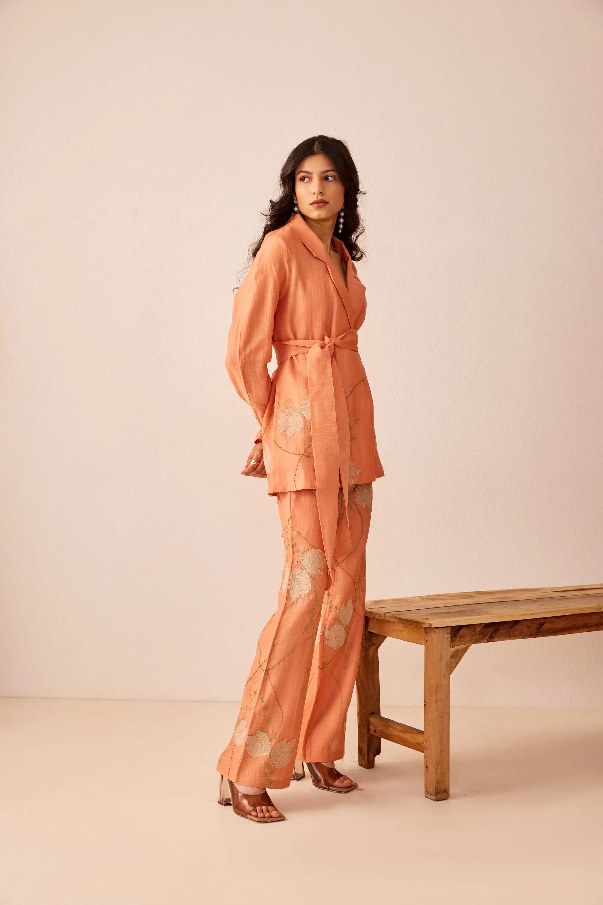 Peach chanderi silk hand embroidered blazer set