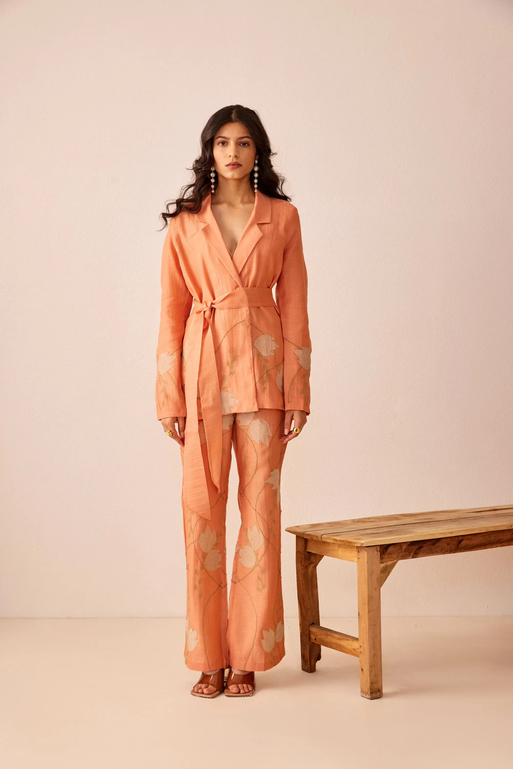 Peach chanderi silk hand embroidered blazer set