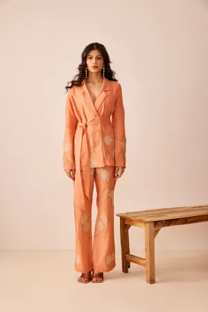 Peach chanderi silk hand embroidered blazer set