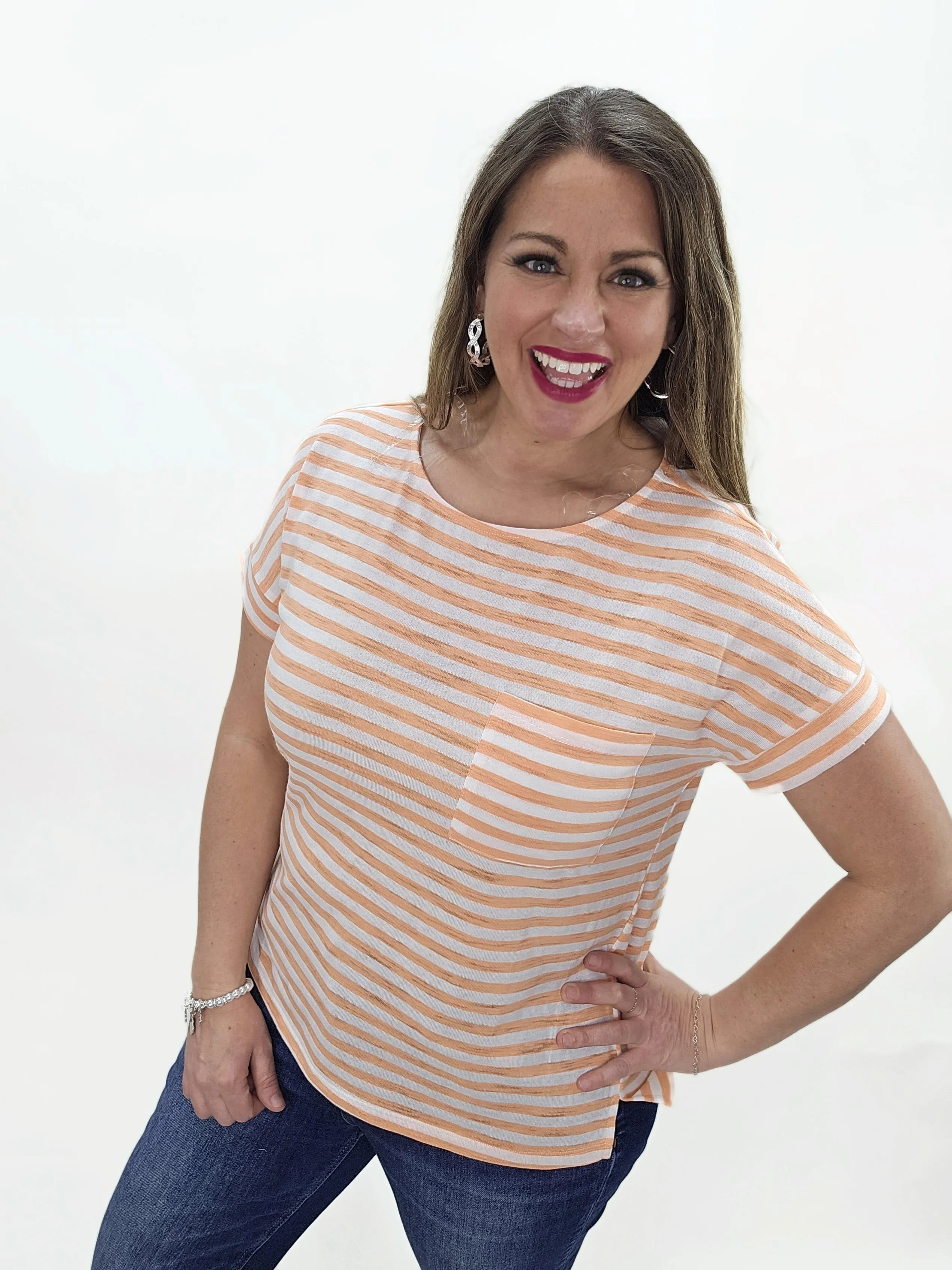 PEACH STRIPED CREW NECK POCKET TOP