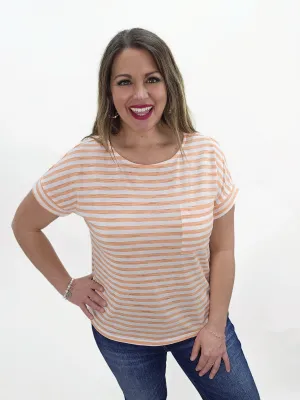 PEACH STRIPED CREW NECK POCKET TOP