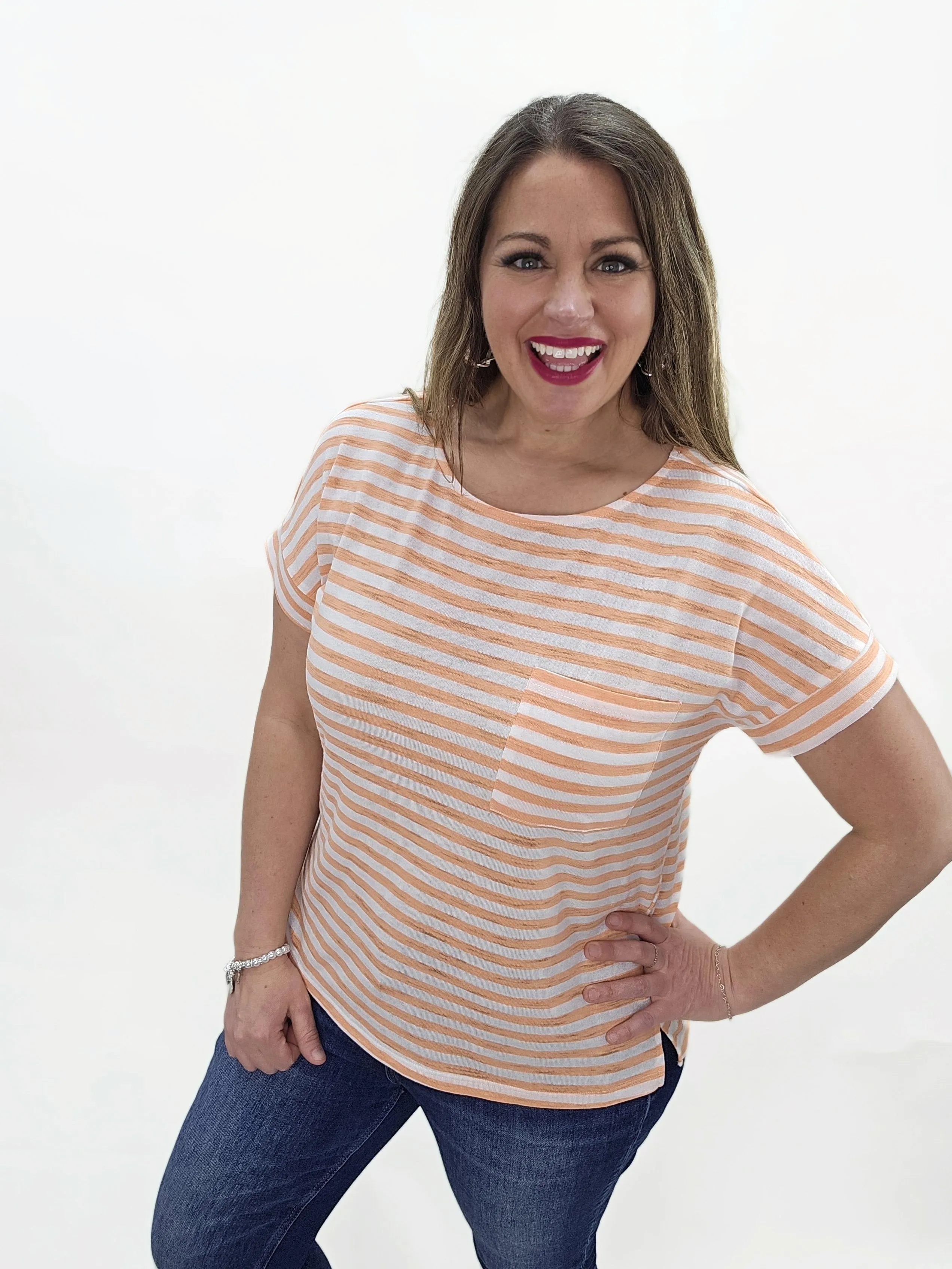 PEACH STRIPED CREW NECK POCKET TOP