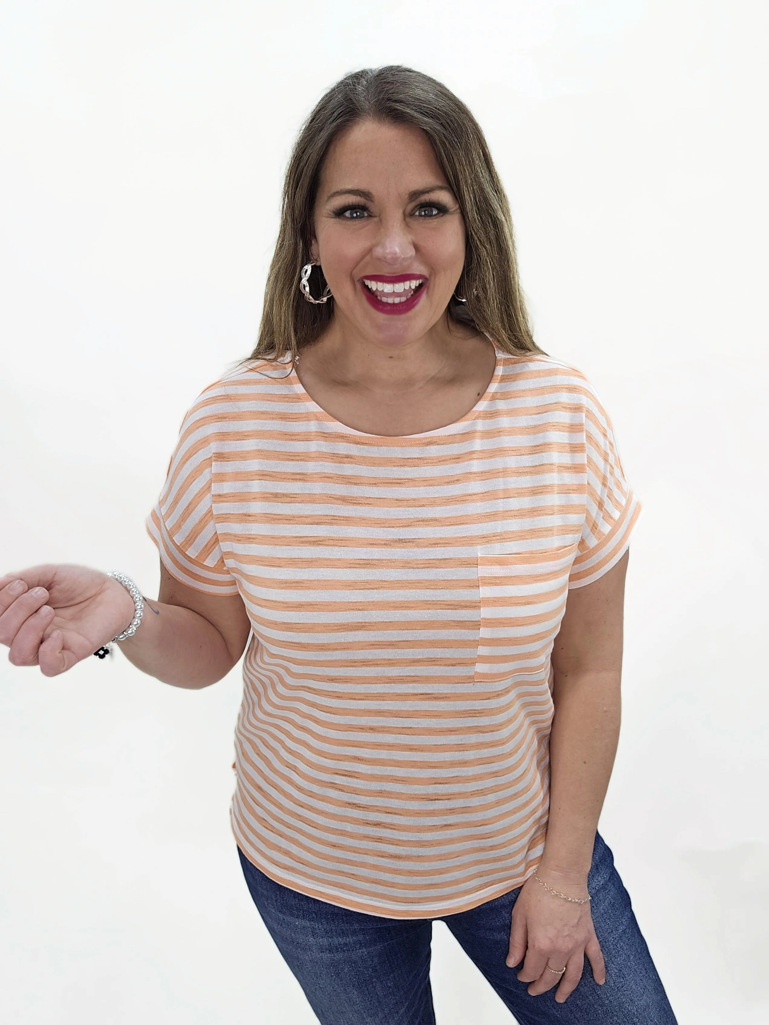 PEACH STRIPED CREW NECK POCKET TOP