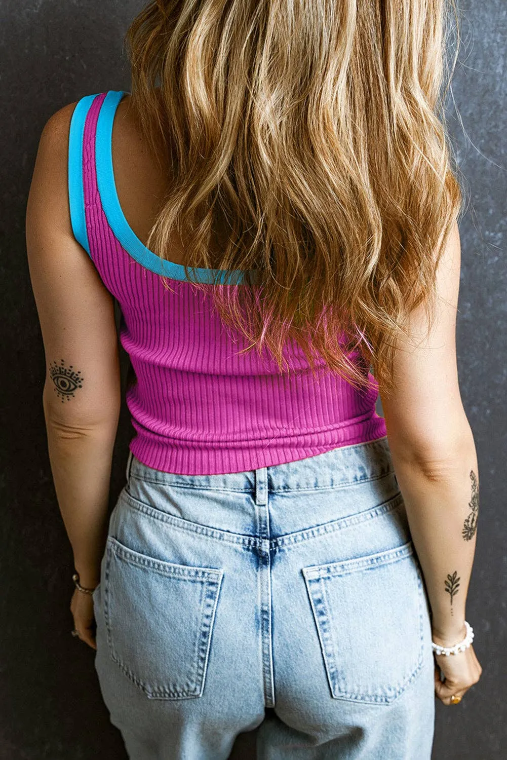Pink Colorblock Ribbed Knit U Neck Tank
