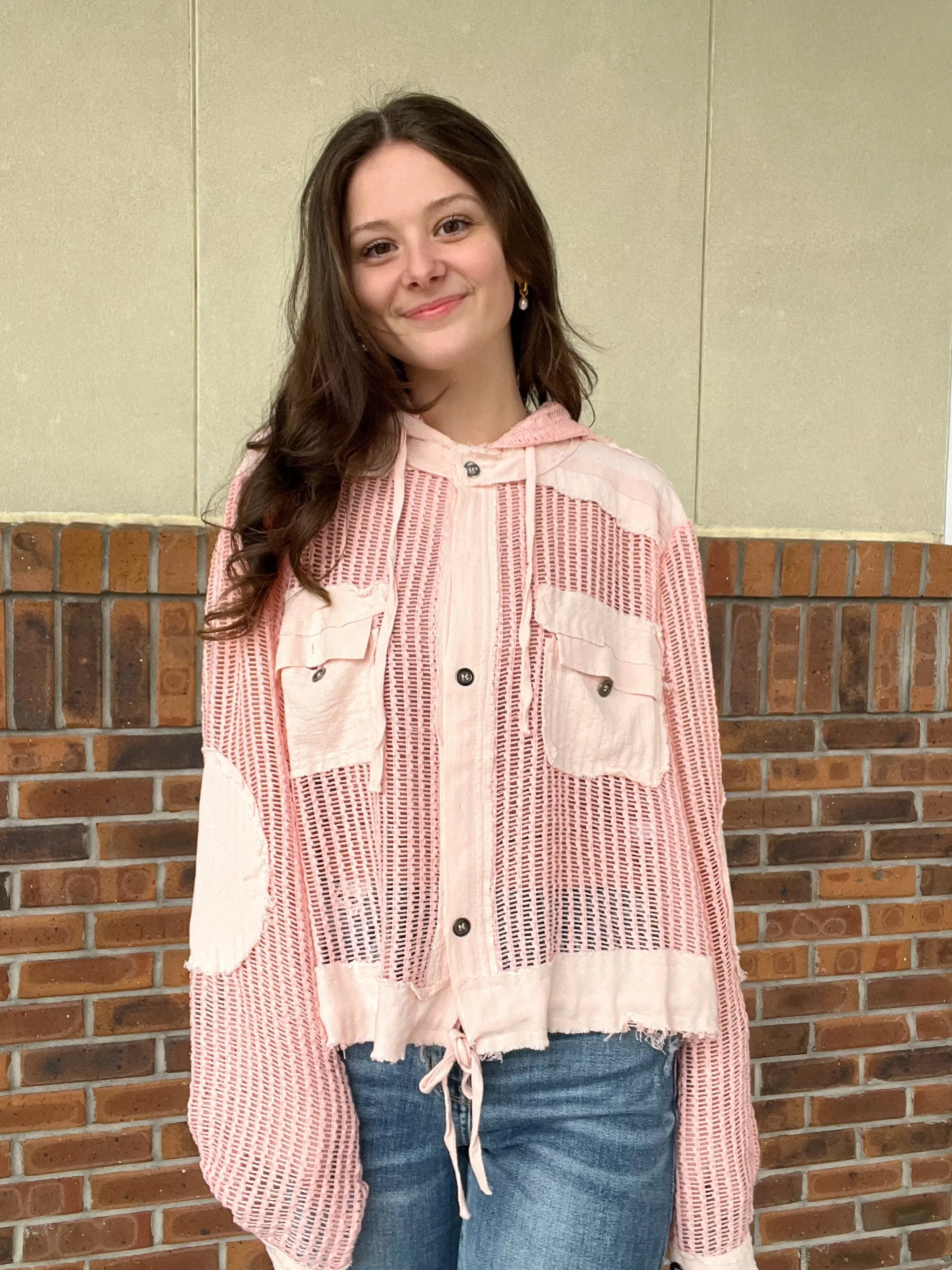 Pol Open Knit Button Down Hooded Top
