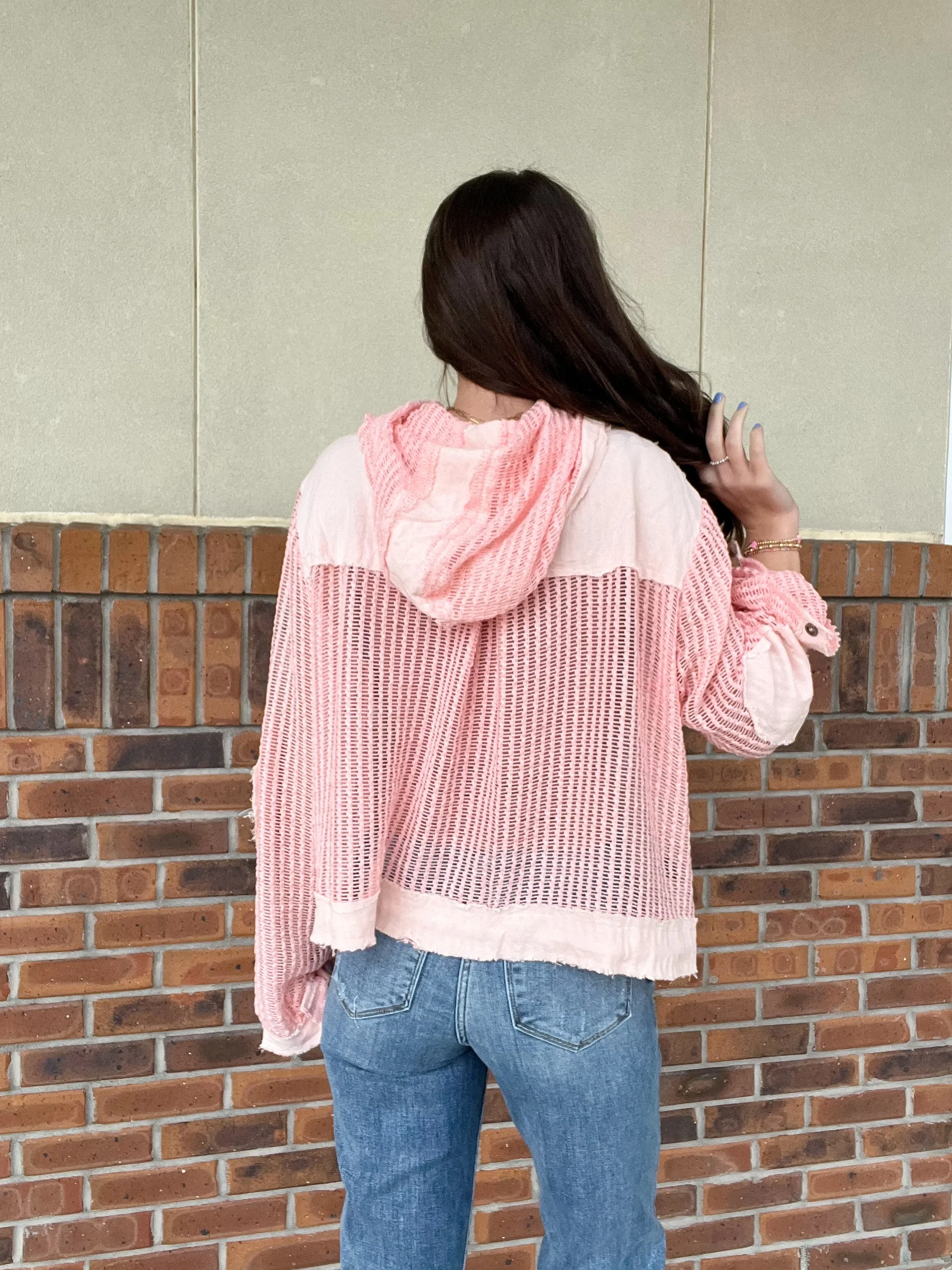 Pol Open Knit Button Down Hooded Top