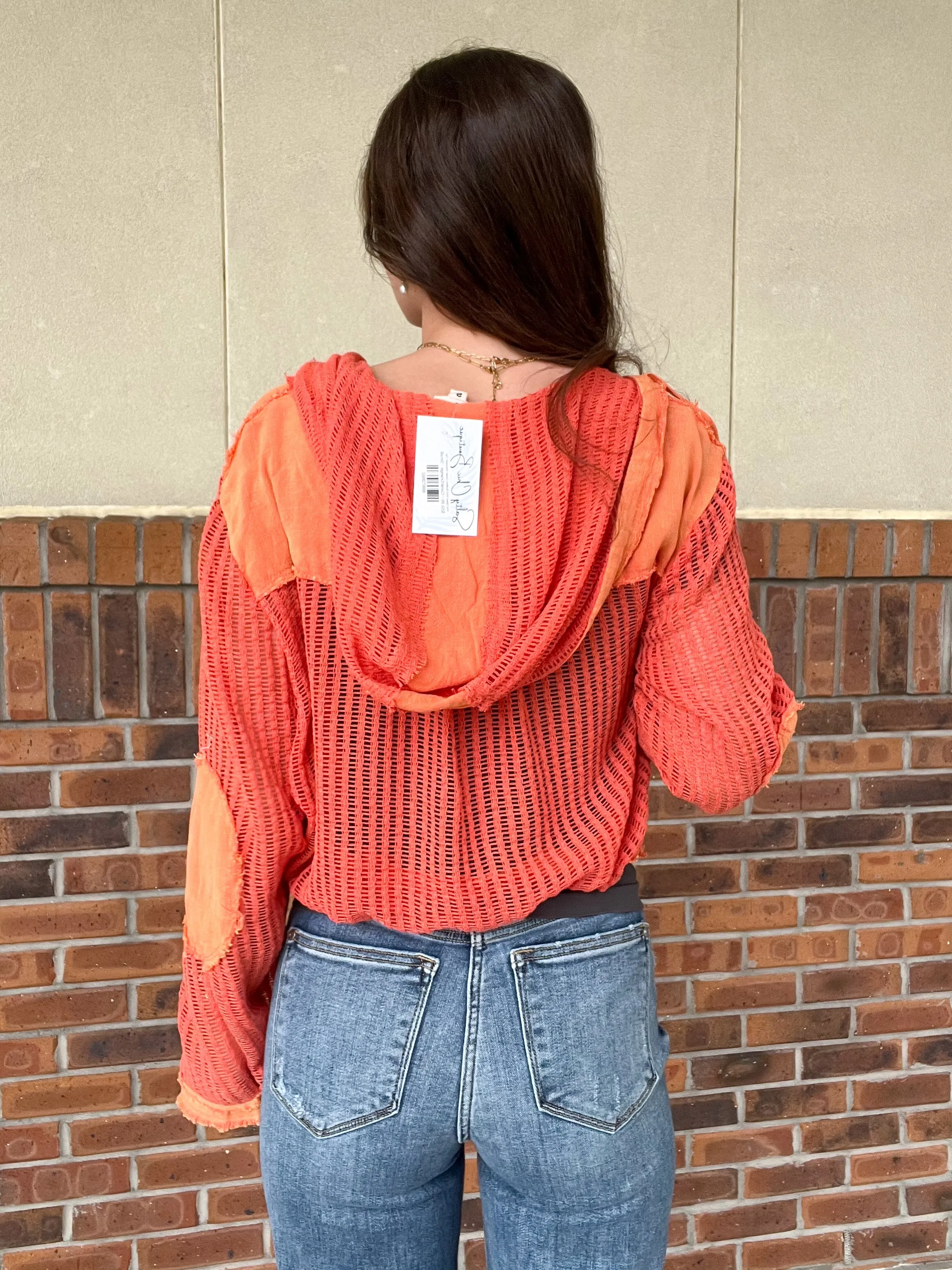 Pol Open Knit Button Down Hooded Top