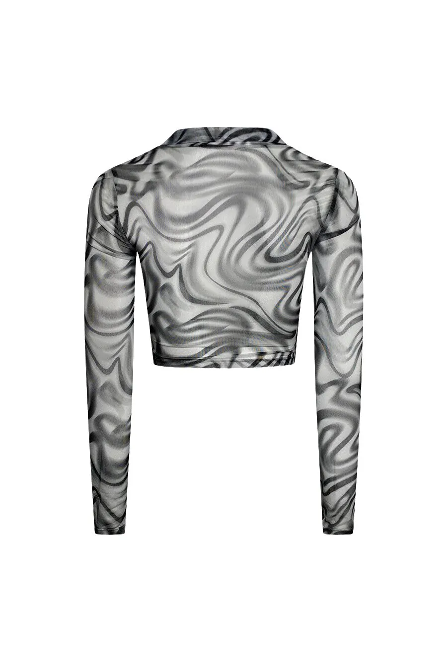 "GROOVY SWIRLS" Black & White Marble Print Mesh Button-Up Crop Top