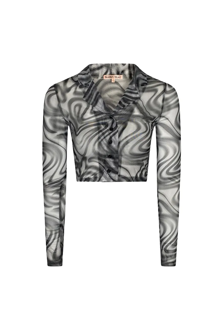 "GROOVY SWIRLS" Black & White Marble Print Mesh Button-Up Crop Top