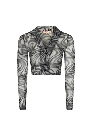 "GROOVY SWIRLS" Black & White Marble Print Mesh Button-Up Crop Top