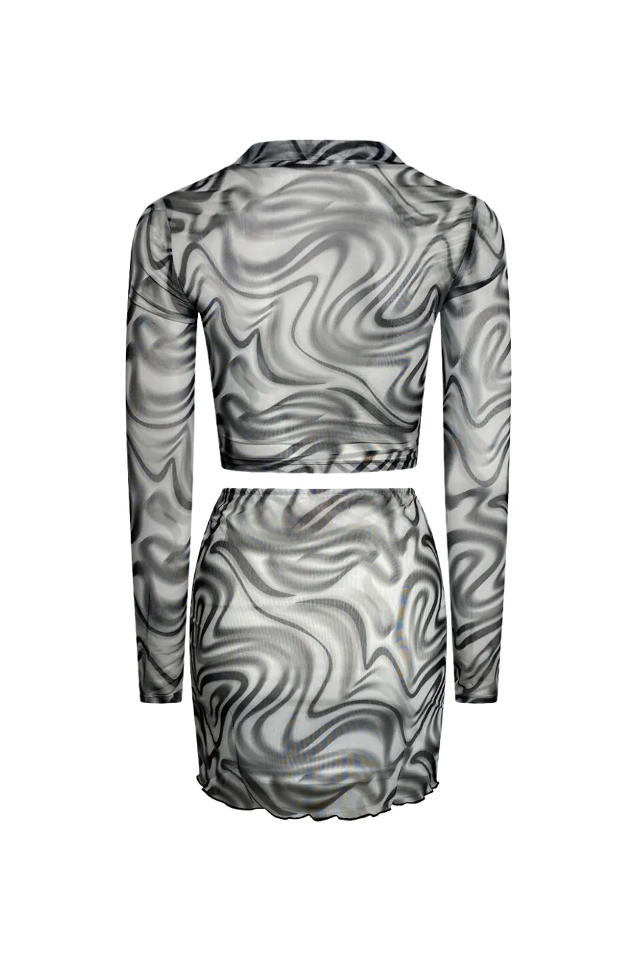 "GROOVY SWIRLS" Black & White Marble Print Mesh Button-Up Crop Top