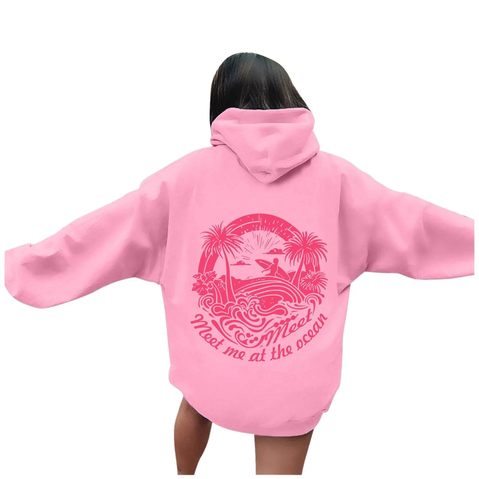 Qxutpo Pink Palm Puff Hoodie Cute Pink Graphic Hoodies for Teen Girls Preppy Sweatshirt Loose Fit Casual Long Sleeve Hooded Pullover Tops with Pockets