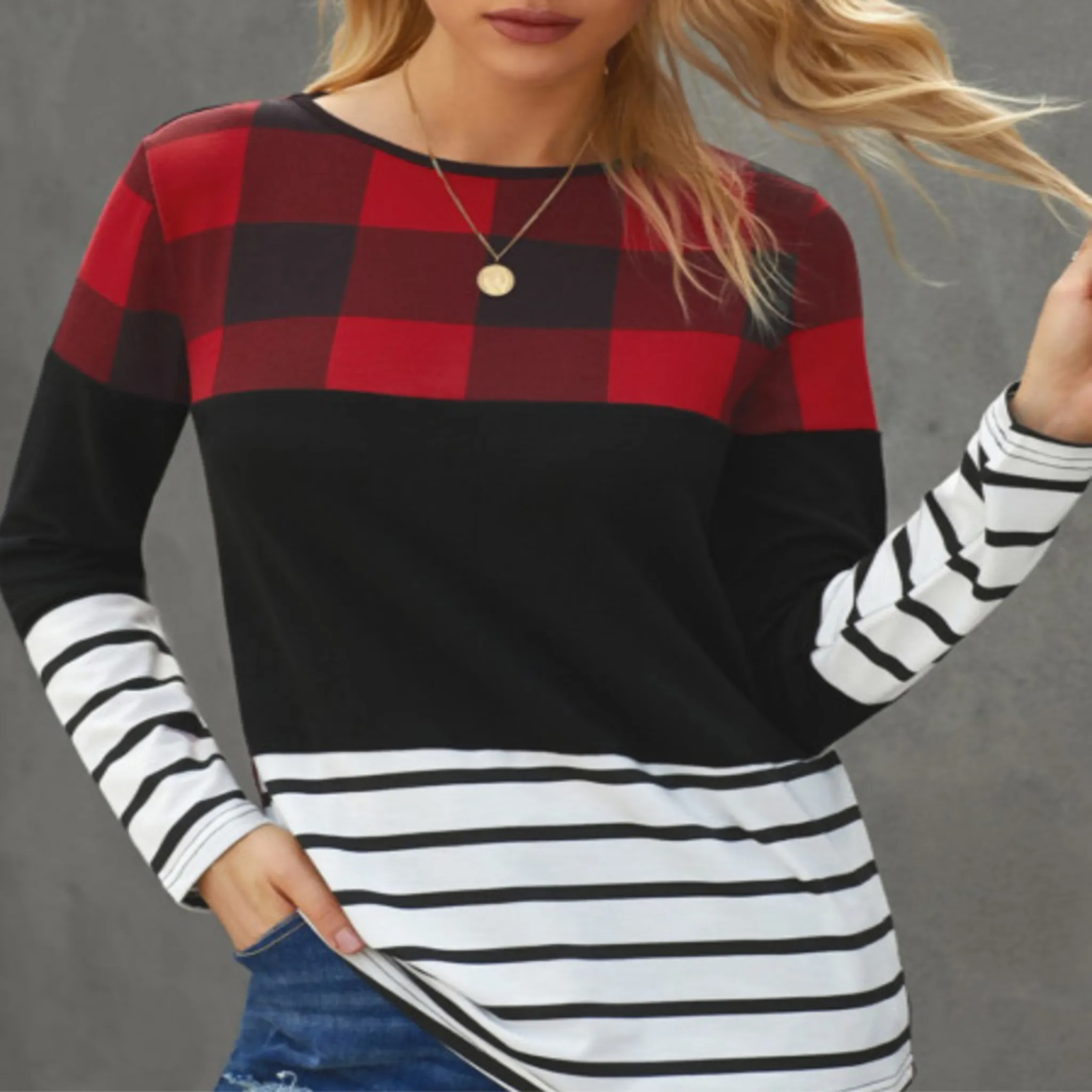 Red Plaid Striped Top