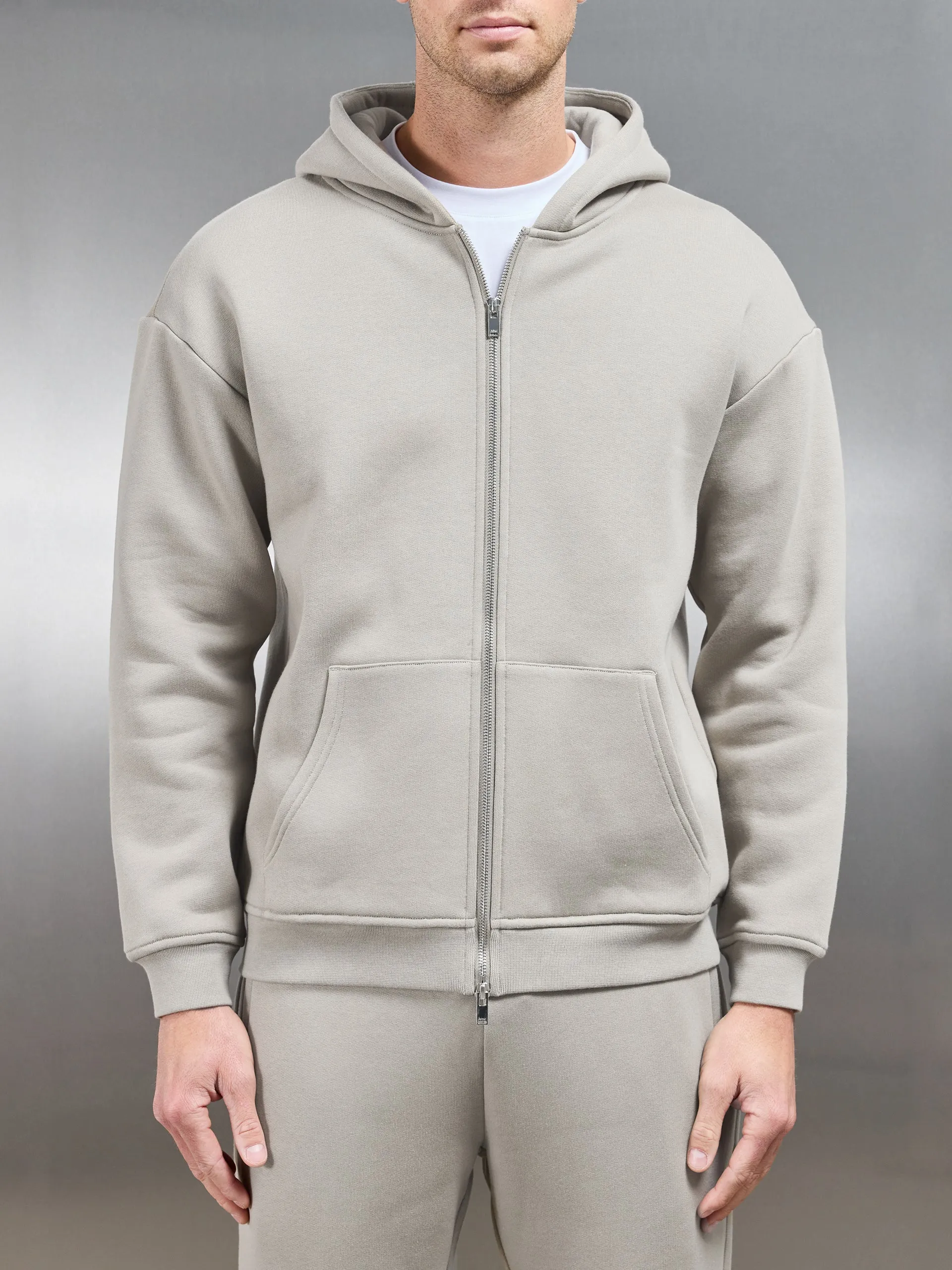 Relaxed Zip Through Hoodie in Stone