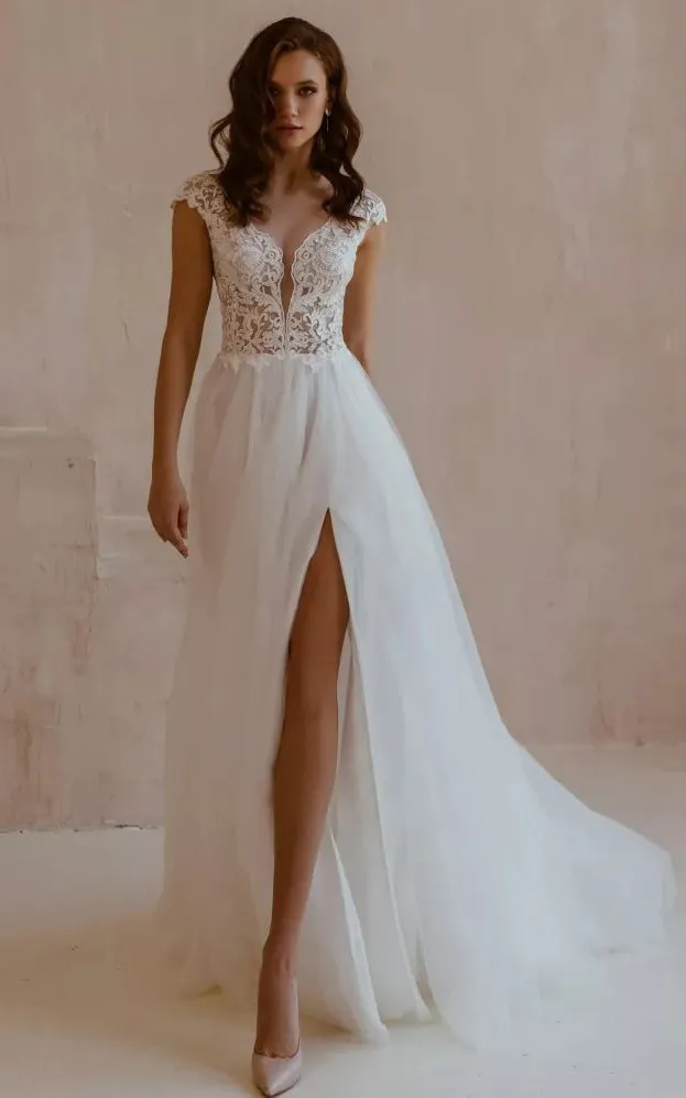 Sexy A Line Lace Tulle Short Sleeve V-neck Sweep Train Wedding Dress with Split Front-715915