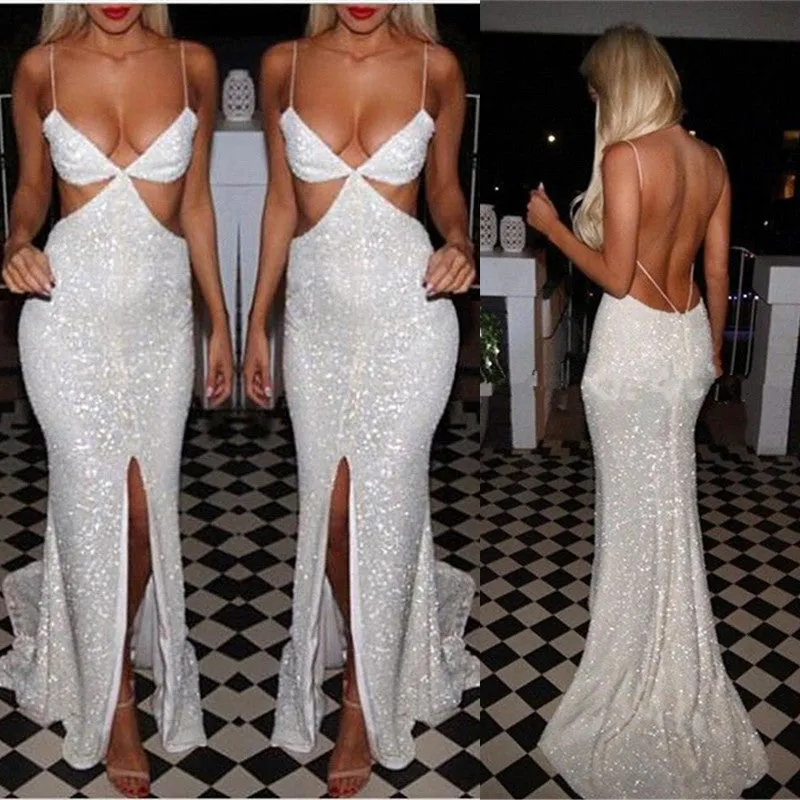 Sexy Sequins White Prom Dresses Front Split Floor Length