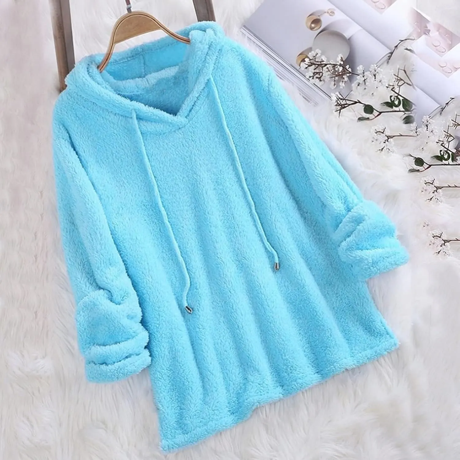 Sherpa Hoodies for Women Oversized Long Sleeve Fuzzy Fleece Sweatshirt Winter Warm Pullover Sweater Pajama Tops
