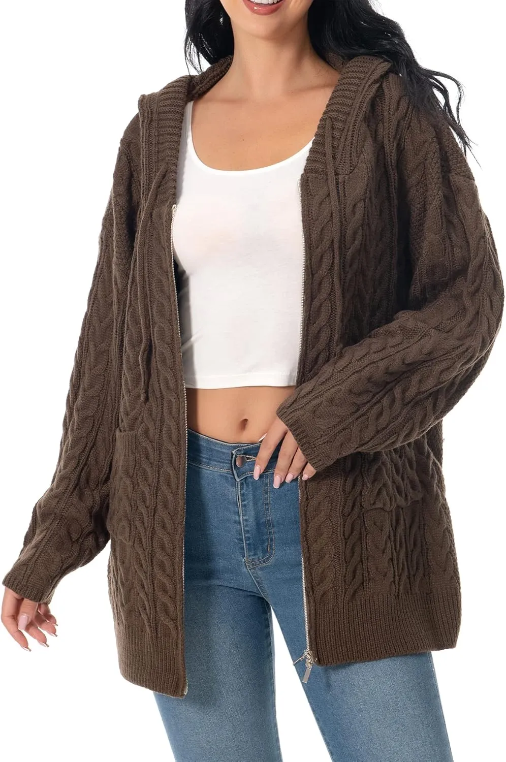 Shineflow Women Hooded Cardigan Oversized Slouchy Zipper Cable Knit Cardigan Coat Solid Color Sweater Casual Knit Knitwear