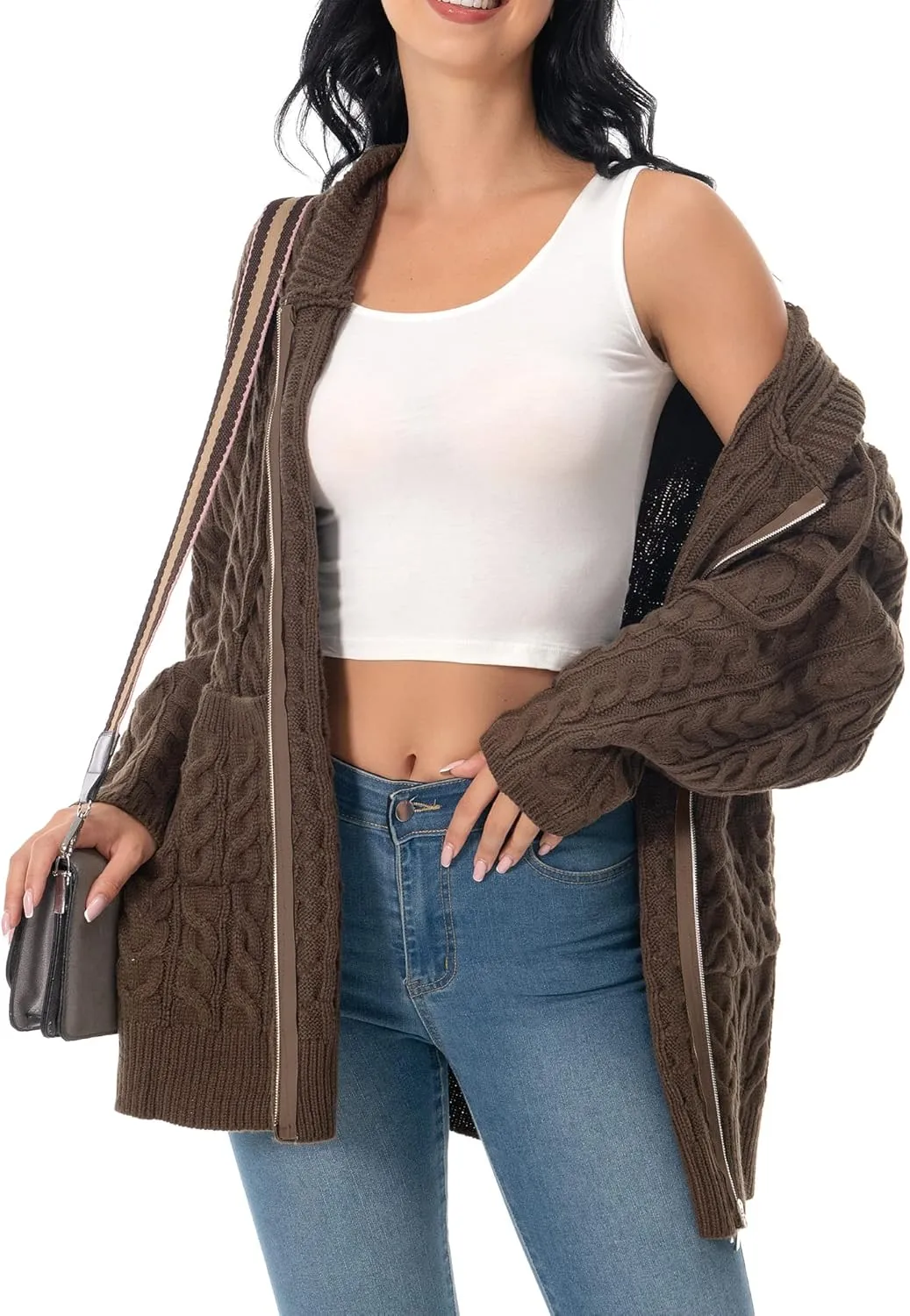 Shineflow Women Hooded Cardigan Oversized Slouchy Zipper Cable Knit Cardigan Coat Solid Color Sweater Casual Knit Knitwear