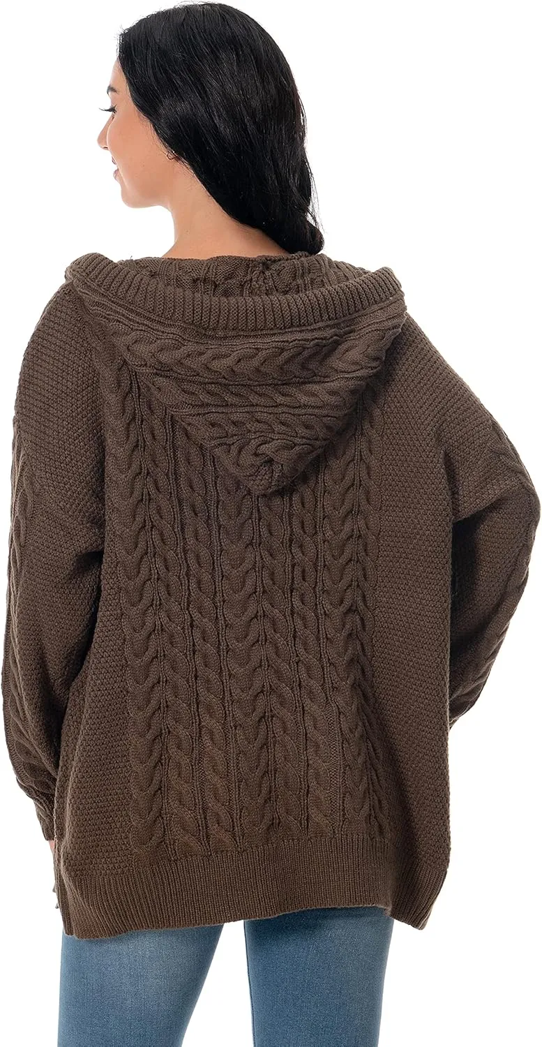 Shineflow Women Hooded Cardigan Oversized Slouchy Zipper Cable Knit Cardigan Coat Solid Color Sweater Casual Knit Knitwear