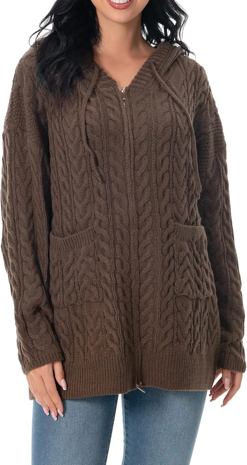 Shineflow Women Hooded Cardigan Oversized Slouchy Zipper Cable Knit Cardigan Coat Solid Color Sweater Casual Knit Knitwear
