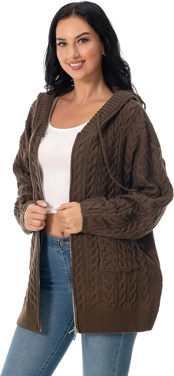 Shineflow Women Hooded Cardigan Oversized Slouchy Zipper Cable Knit Cardigan Coat Solid Color Sweater Casual Knit Knitwear