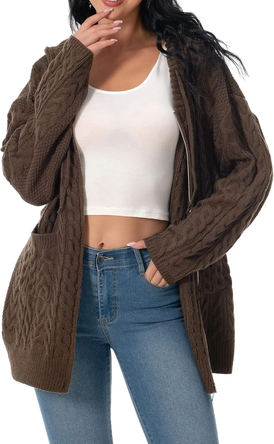 Shineflow Women Hooded Cardigan Oversized Slouchy Zipper Cable Knit Cardigan Coat Solid Color Sweater Casual Knit Knitwear
