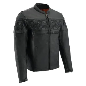 SKULL MLM1500 Men's Crossover Black Leather Scooter Jacket with Reflective Skulls